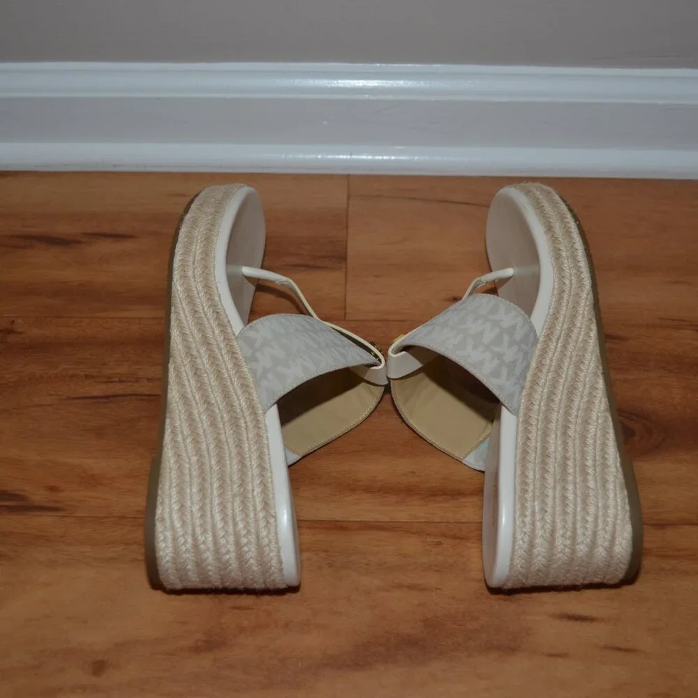 Michael Kors Verity Monogram Natural beige espadrille wedge sandals, 9M